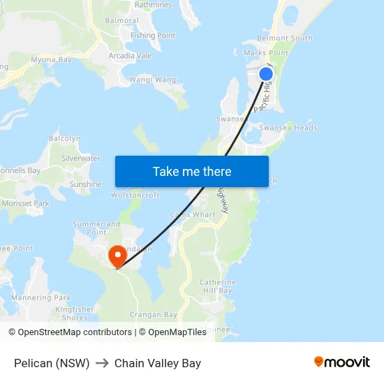 Pelican (NSW) to Chain Valley Bay map