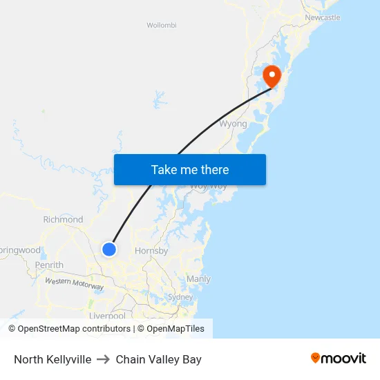 North Kellyville to Chain Valley Bay map