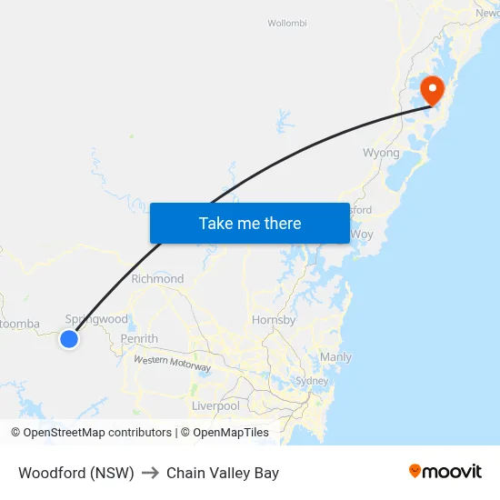 Woodford (NSW) to Chain Valley Bay map