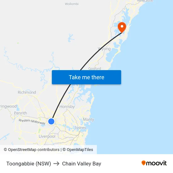 Toongabbie (NSW) to Chain Valley Bay map