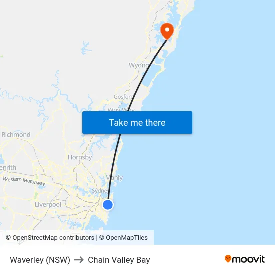 Waverley (NSW) to Chain Valley Bay map