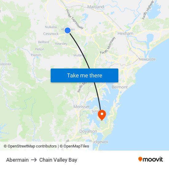 Abermain to Chain Valley Bay map