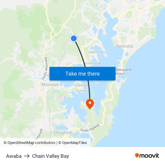 Awaba to Chain Valley Bay map