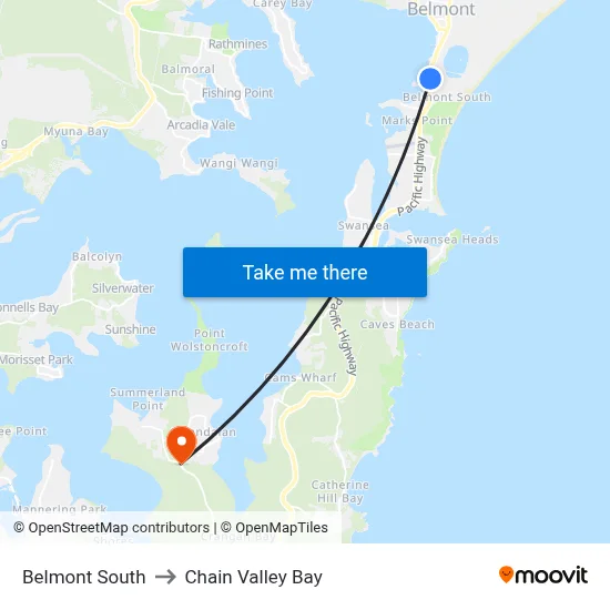 Belmont South to Chain Valley Bay map