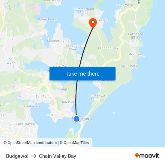 Budgewoi to Chain Valley Bay map