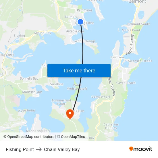 Fishing Point to Chain Valley Bay map