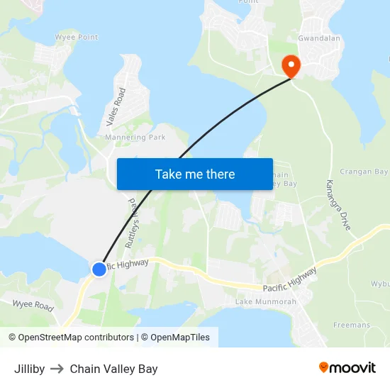 Jilliby to Chain Valley Bay map