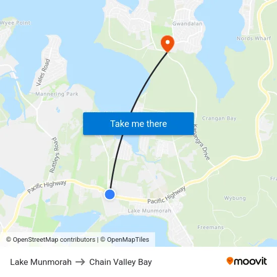 Lake Munmorah to Chain Valley Bay map