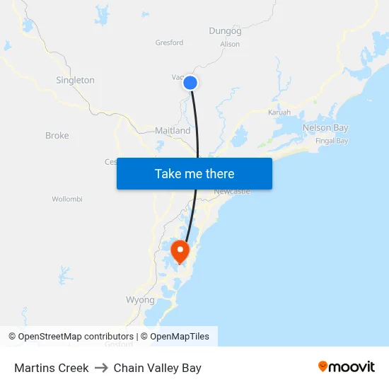 Martins Creek to Chain Valley Bay map