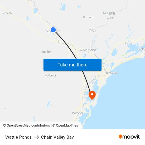 Wattle Ponds to Chain Valley Bay map