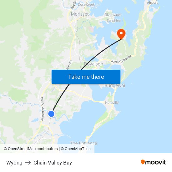 Wyong to Chain Valley Bay map