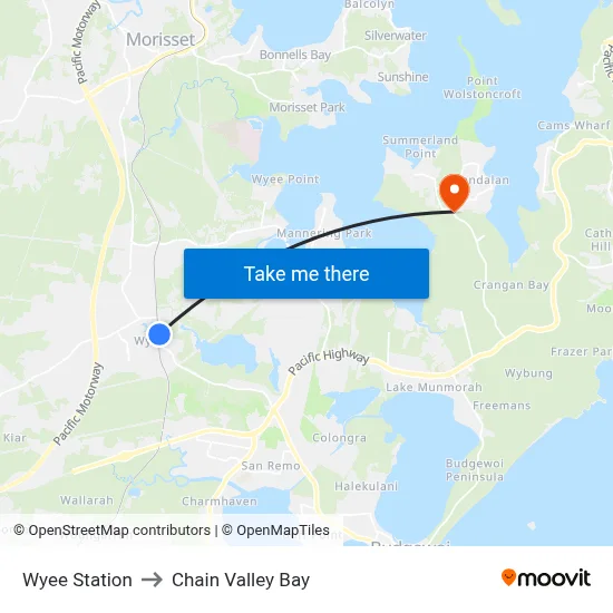 Wyee Station to Chain Valley Bay map