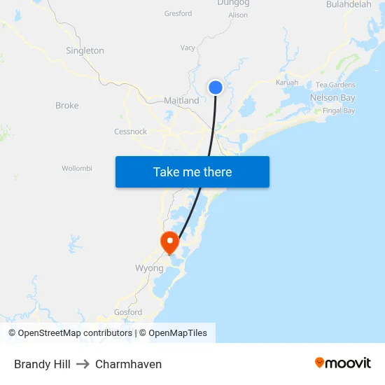 Brandy Hill to Charmhaven map