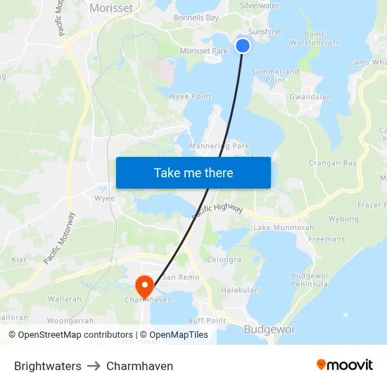 Brightwaters to Charmhaven map