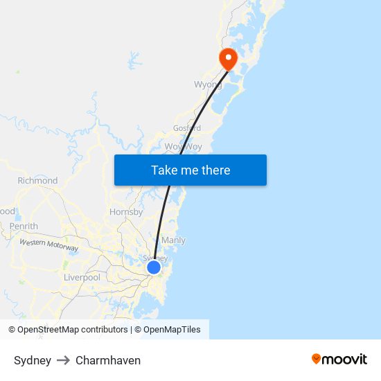 Sydney to Charmhaven map