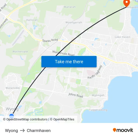 Wyong to Charmhaven map