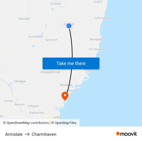 Armidale to Charmhaven map