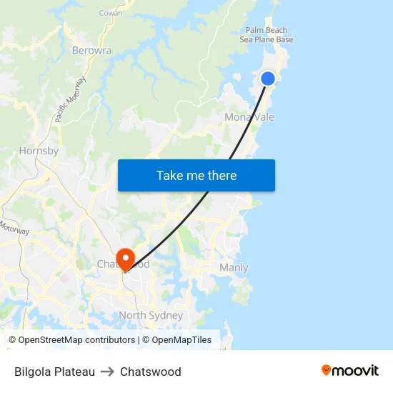 Bilgola Plateau to Chatswood map