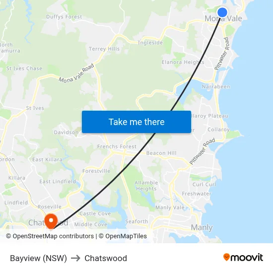 Bayview (NSW) to Chatswood map
