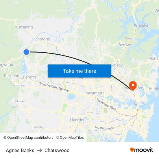 Agnes Banks to Chatswood map
