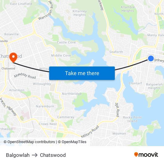 Balgowlah to Chatswood map