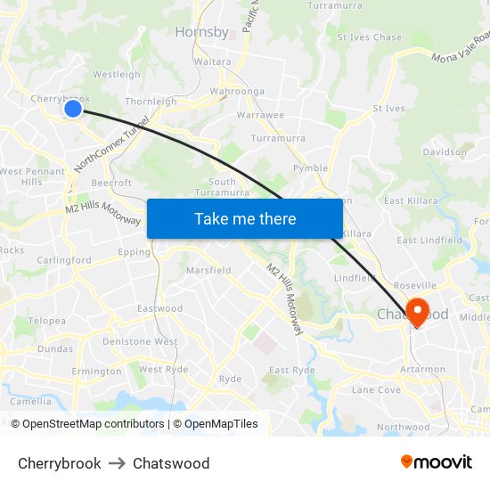 Cherrybrook to Chatswood map