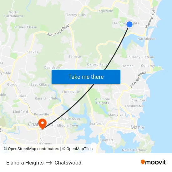 Elanora Heights to Chatswood map