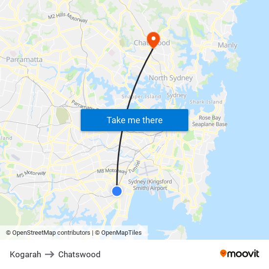 Kogarah to Chatswood map