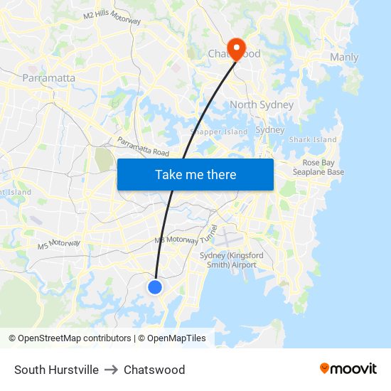 South Hurstville to Chatswood map