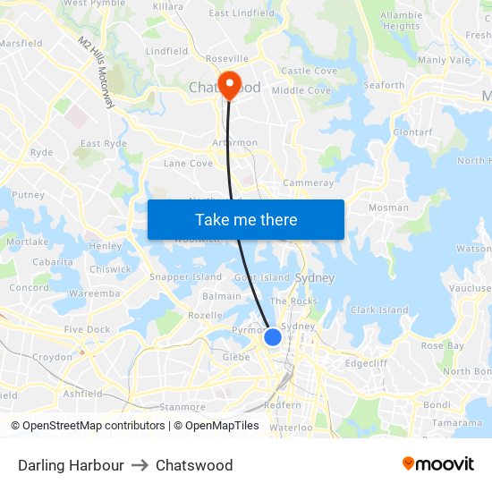 Darling Harbour to Chatswood map