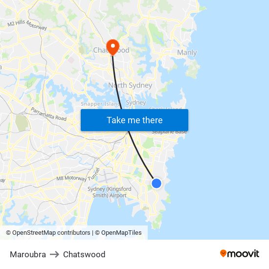 Maroubra to Chatswood map