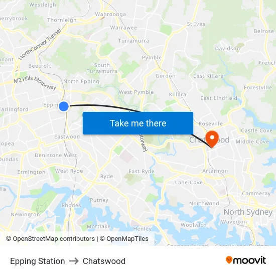 Epping Station to Chatswood map