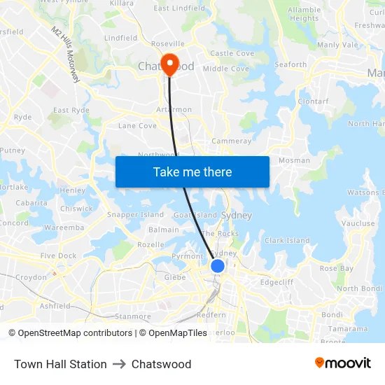 Town Hall Station to Chatswood map