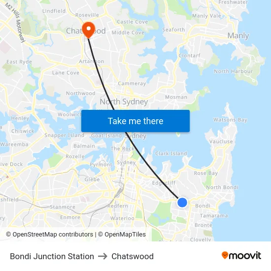 Bondi Junction Station to Chatswood map