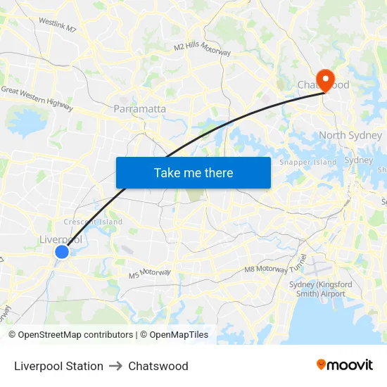 Liverpool Station to Chatswood map