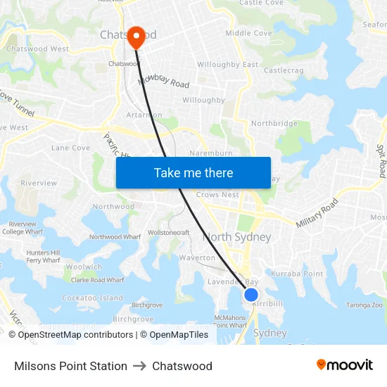 Milsons Point Station to Chatswood map