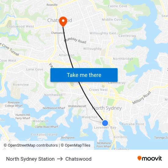 North Sydney Station to Chatswood map