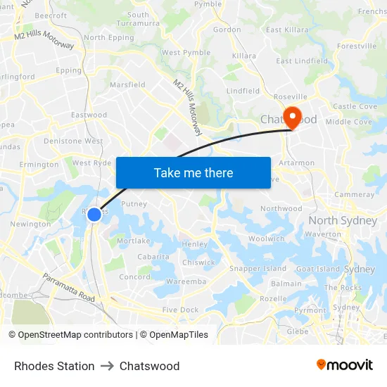Rhodes Station to Chatswood map