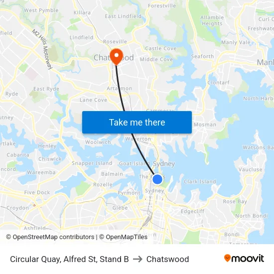 Circular Quay, Alfred St, Stand B to Chatswood map