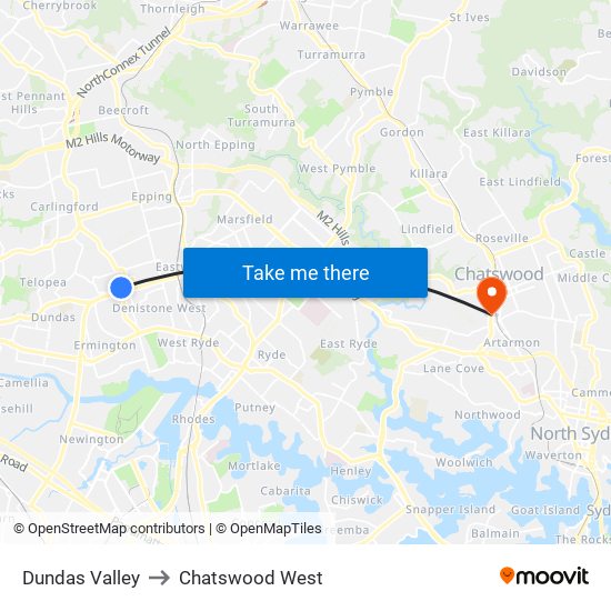 Dundas Valley to Chatswood West map