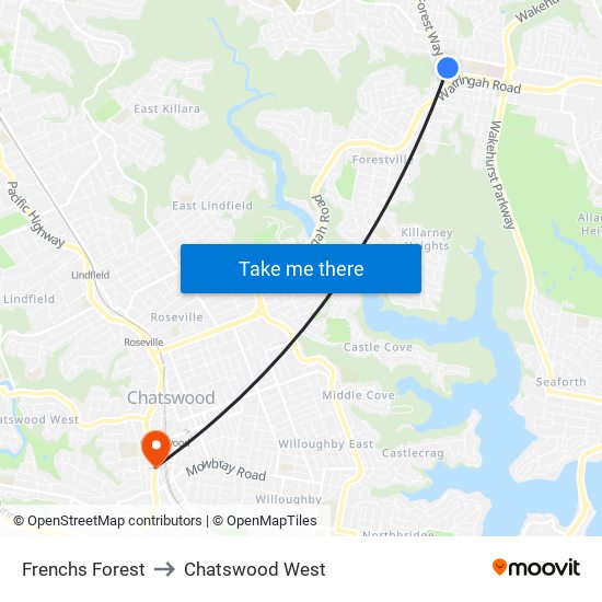 Frenchs Forest to Chatswood West map