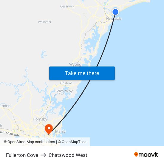 Fullerton Cove to Chatswood West map