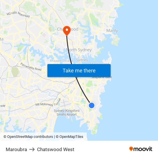 Maroubra to Chatswood West map