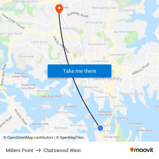 Millers Point to Chatswood West map