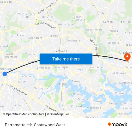 Parramatta to Chatswood West map