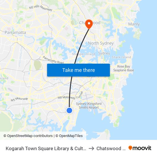 Kogarah Library to Chatswood West map