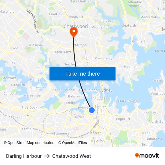 Darling Harbour to Chatswood West map