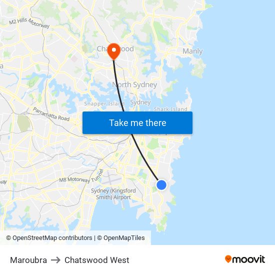 Maroubra to Chatswood West map