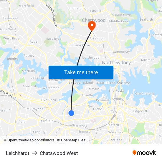 Leichhardt to Chatswood West map