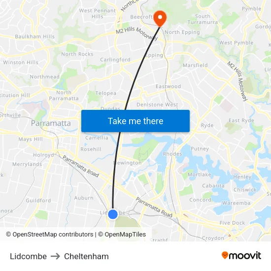 Lidcombe to Cheltenham map